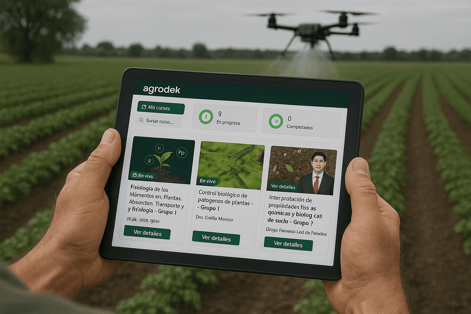 Estudiantes en un campo agrícola moderno